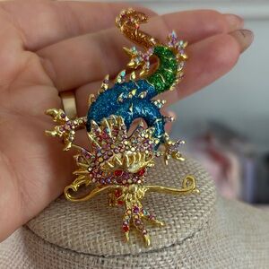 Gold-Tone Multicolor Dragon Brooch with Blue and Green Enamel